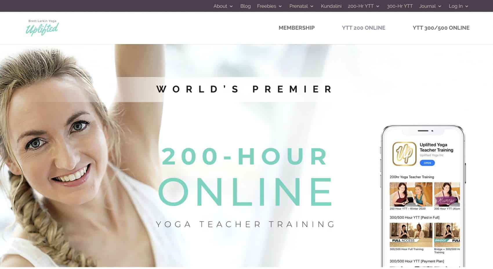screen shot of website woman blond curly hair best online yoga teacher trainings YTT Alliance certified