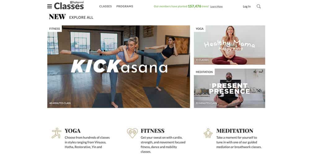 screen shot home page website two woman practicing yoga at home living room blue tops how to
